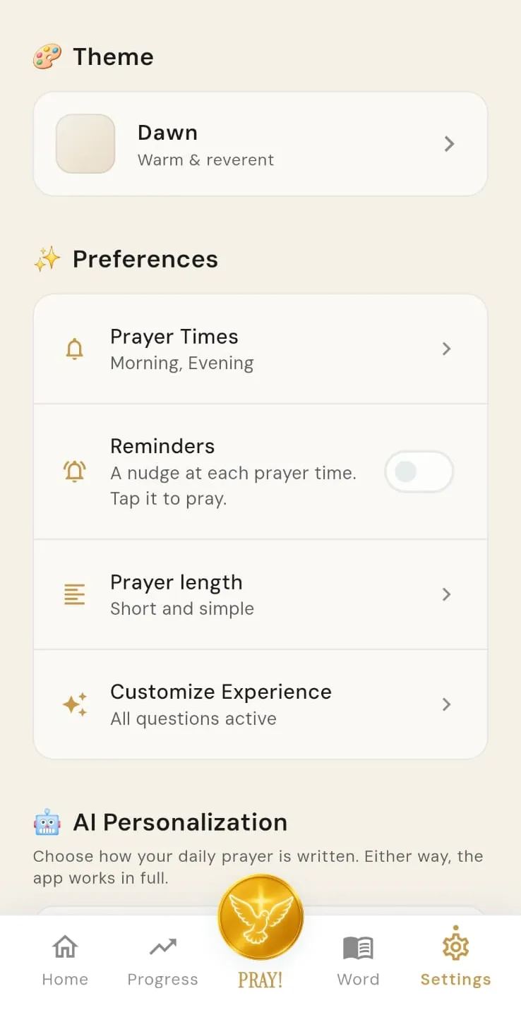 Settings: prayer times, reminders, prayer length and AI personalisation