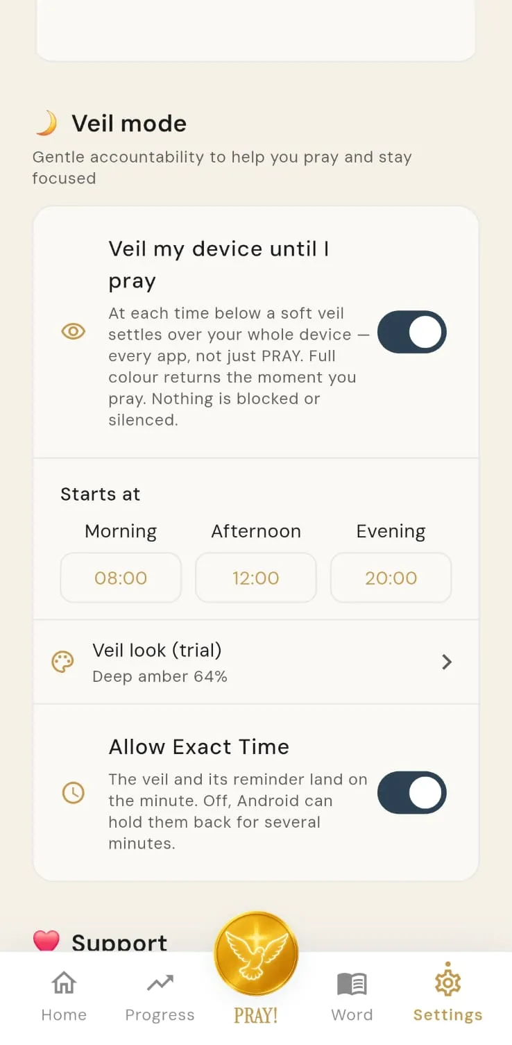 Veil mode settings with times and veil look